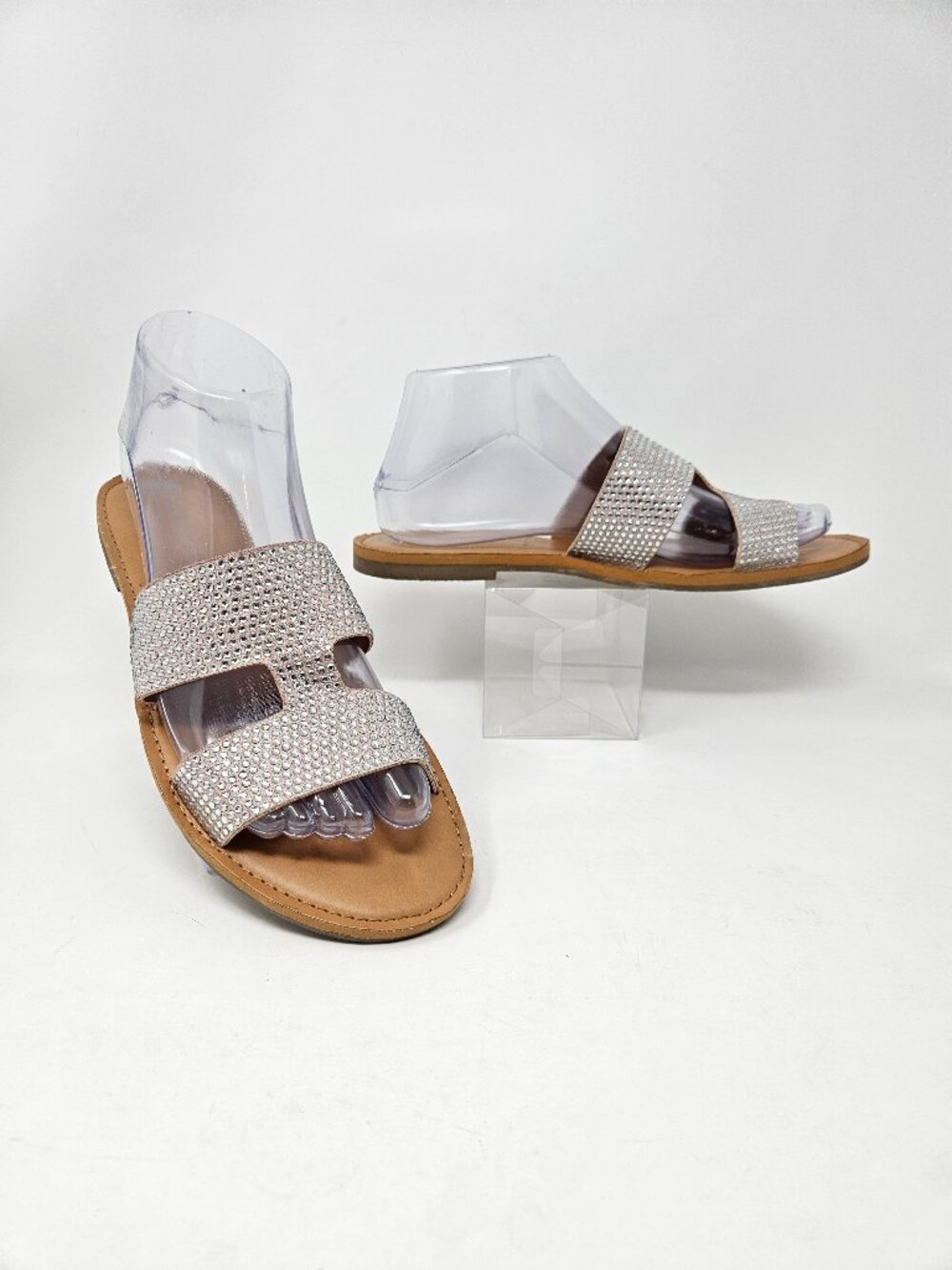 Big Buddha Size 8 Silver Rhinestone Straps Slip On Slides Sandals Flat Womens